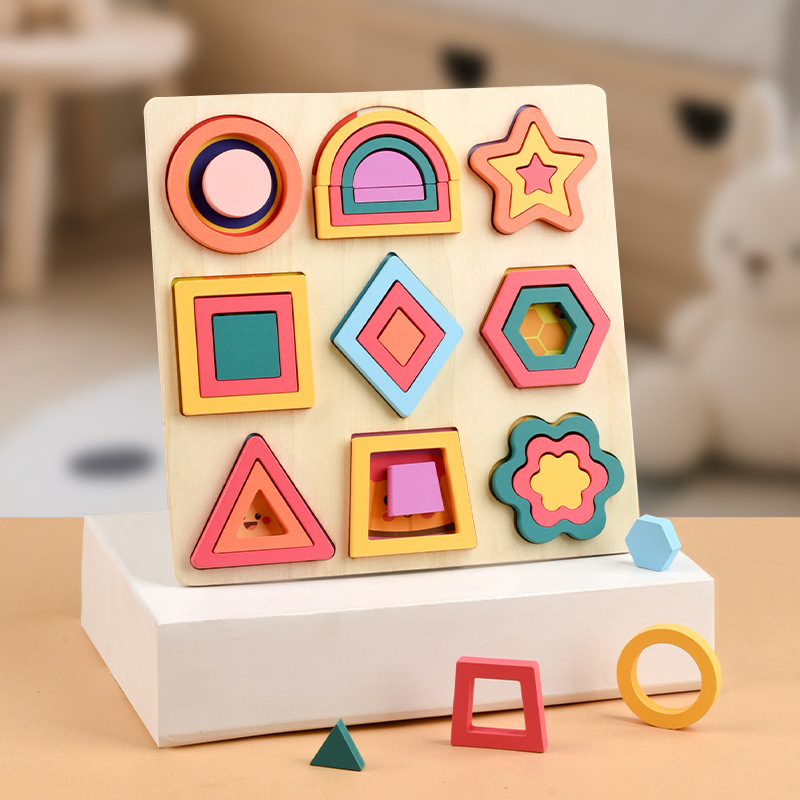 Children's geometric shape 3D wooden puzzle, Montessori early education, intelligence matching, kindergarten toy