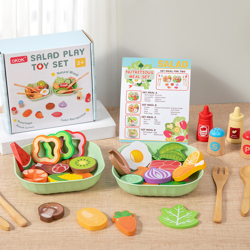 Wooden simulated vegetable salad play kitchen toy for children, educational mini chef cooking simulation toy