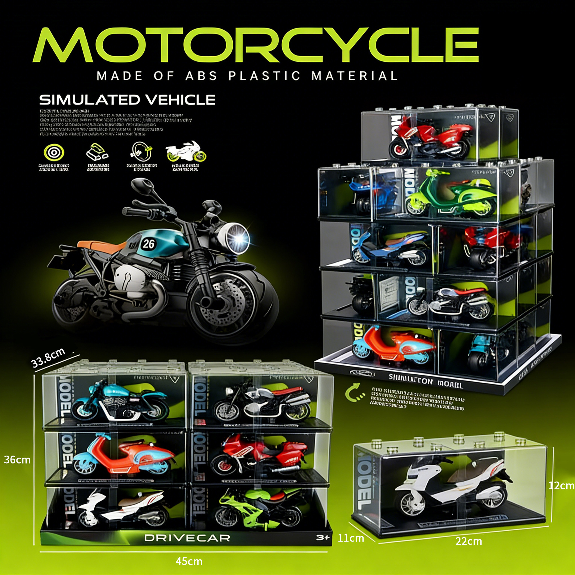 Children's toy car, boy's realistic inertial car model, can open doors, lights, music, acrylic transparent box