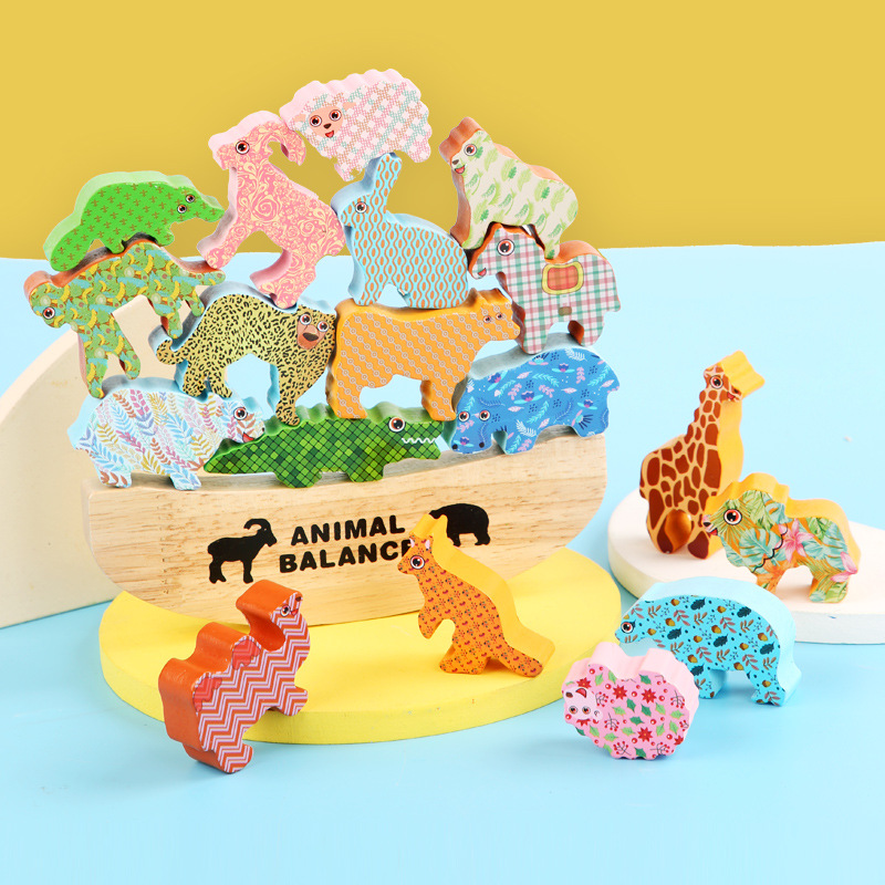 Hot-selling new wooden animal seesaw building block stacking game for babies, balance blocks, educational toys