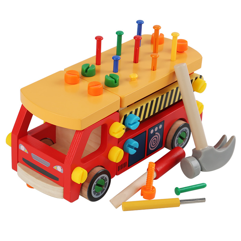 Children's wooden screw car and nut combination, ball-tapping assembly and disassembly tool cart, boy's assembly toolbox toy