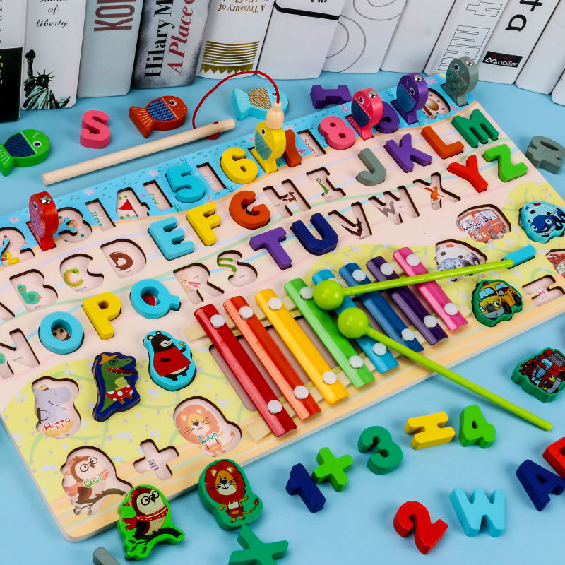 Bestselling early childhood education toys for children aged 0-3, Montessori style wooden building blocks, number and shape assembly boards.