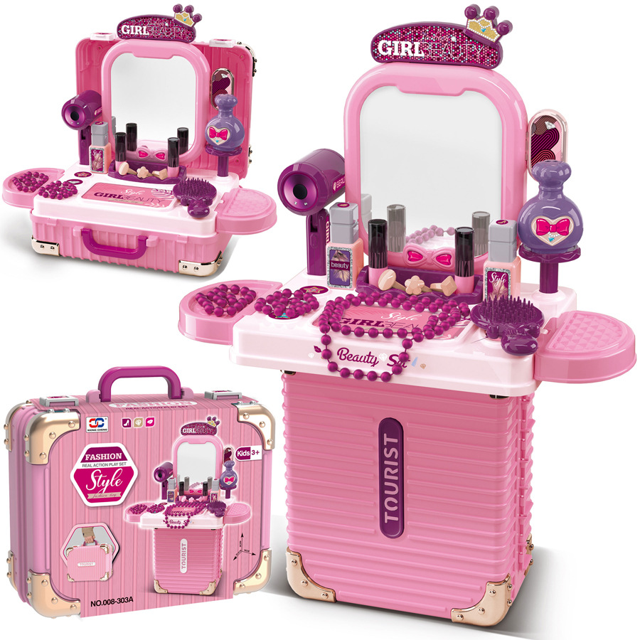 Children's pretend play toys: makeup sets, kitchenware, construction tools, doctor's medical kits, and travel suitcases.