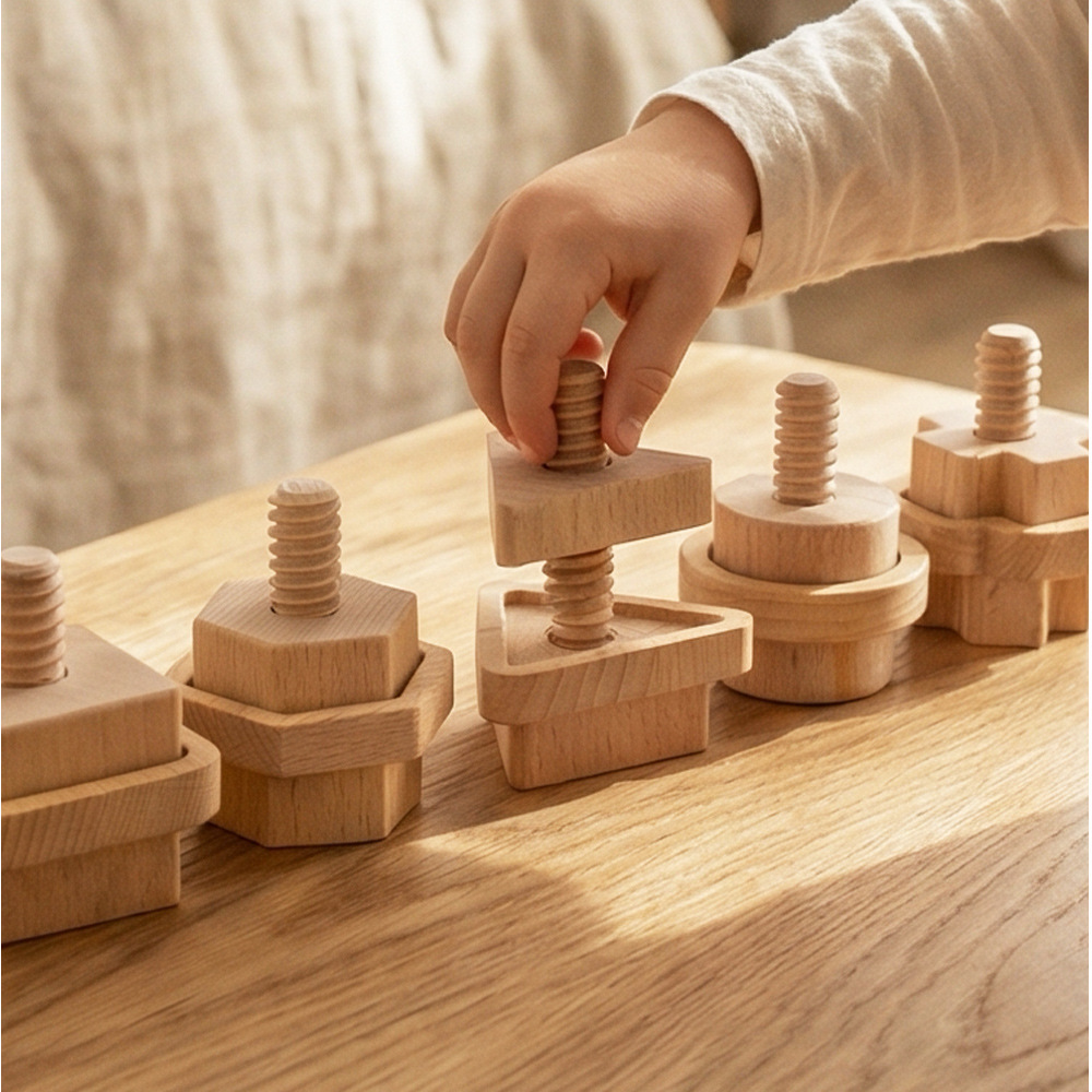 Children's wooden educational toy: Nut and rope threading game, shape matching, and fine motor skills training.
