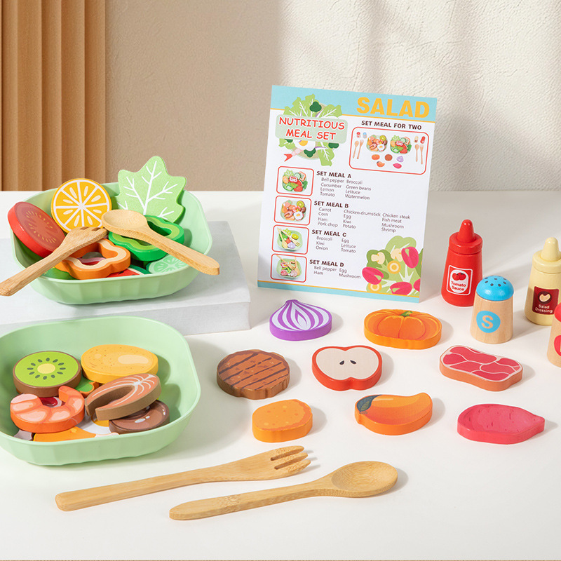 Wooden simulated vegetable salad play kitchen toy for children, educational mini chef cooking simulation toy