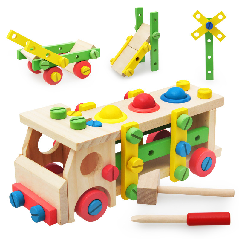Children's wooden screw car and nut combination, ball-tapping assembly and disassembly tool cart, boy's assembly toolbox toy
