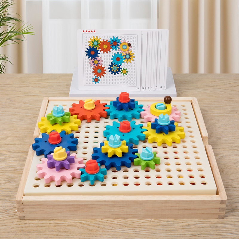 Wooden mechanical gear-based interactive puzzle toy for kindergarten children's educational area, involving hands-on assembly and observation.