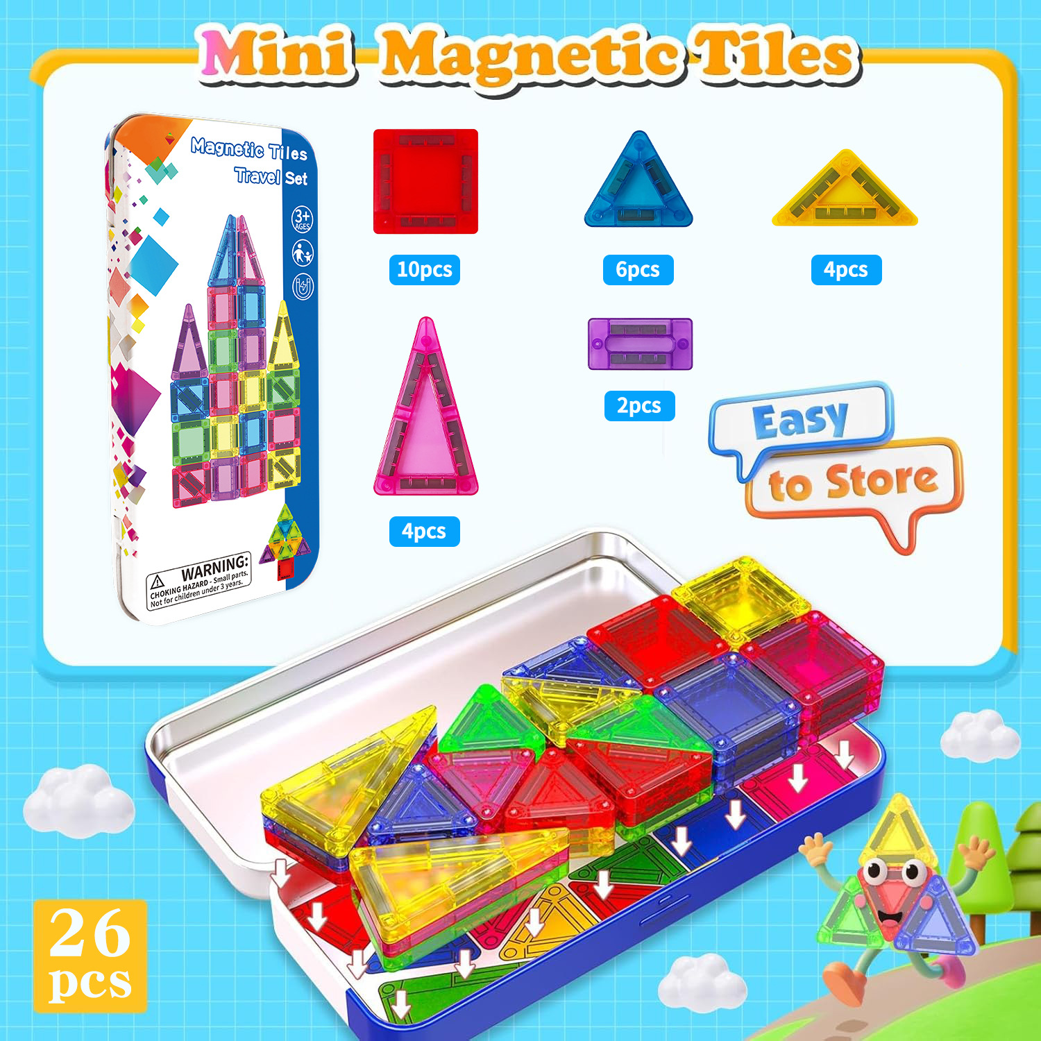 Popular 26/42-piece children's tin box mini colored window magnetic tile toy, portable travel toy