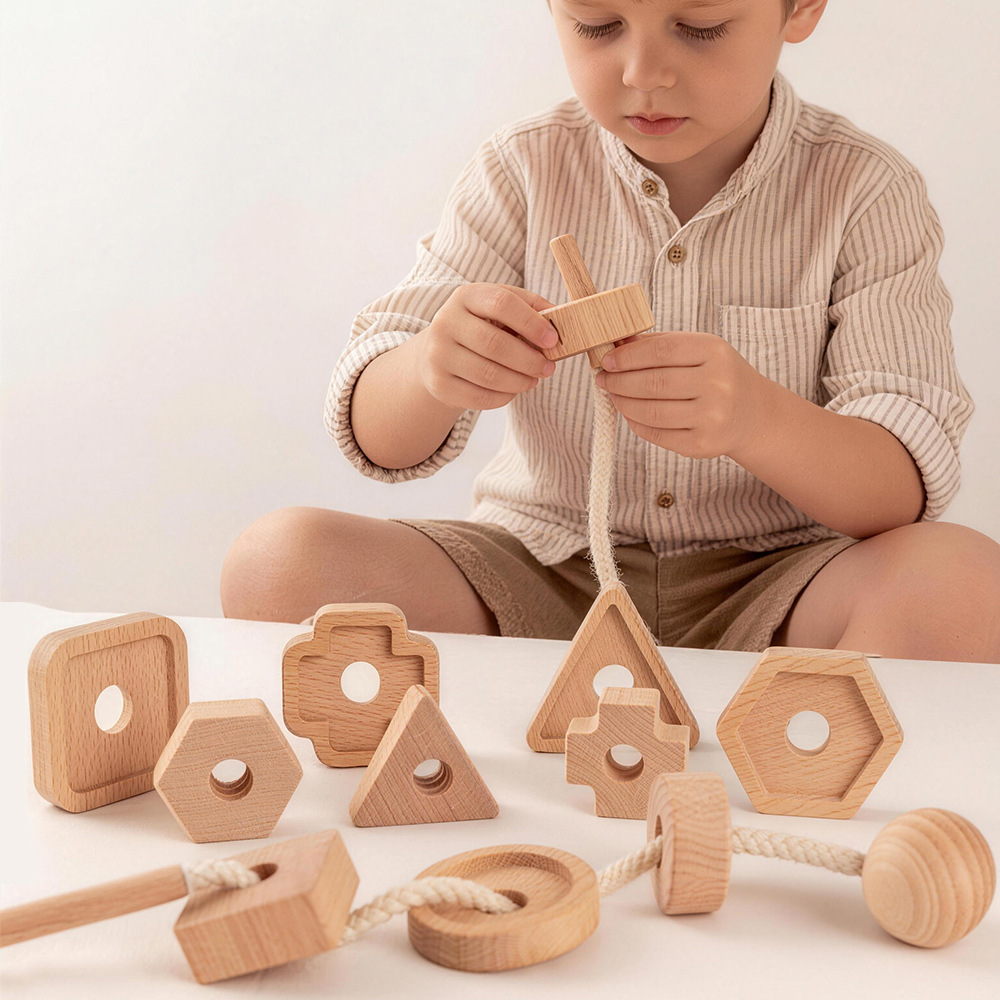 Children's wooden educational toy: Nut and rope threading game, shape matching, and fine motor skills training.
