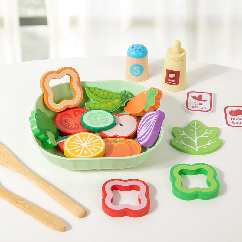 Wooden simulated vegetable salad play kitchen toy for children, educational mini chef cooking simulation toy