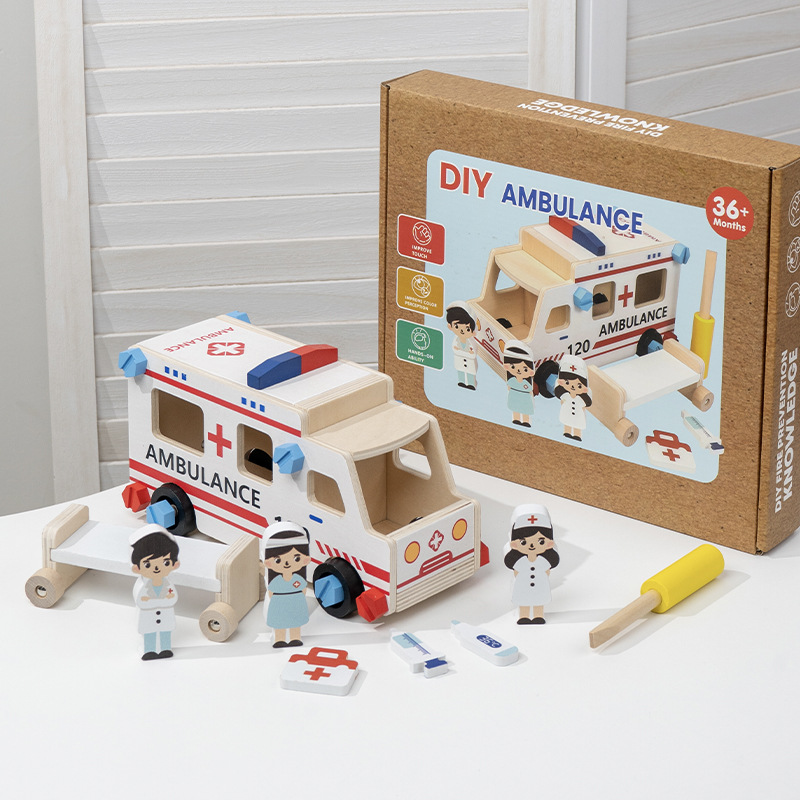 Children's wooden screw car and nut combination, ball-tapping assembly and disassembly tool cart, boy's assembly toolbox toy