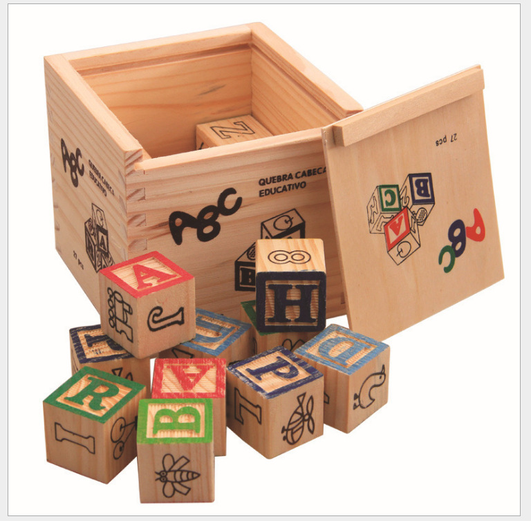 27-Piece Printed English Alphabet Building Block Box, English Learning Building Blocks, Children's Educational Toy, Wooden Toy