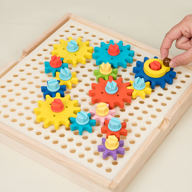Wooden mechanical gear-based interactive puzzle toy for kindergarten children's educational area, involving hands-on assembly and observation.