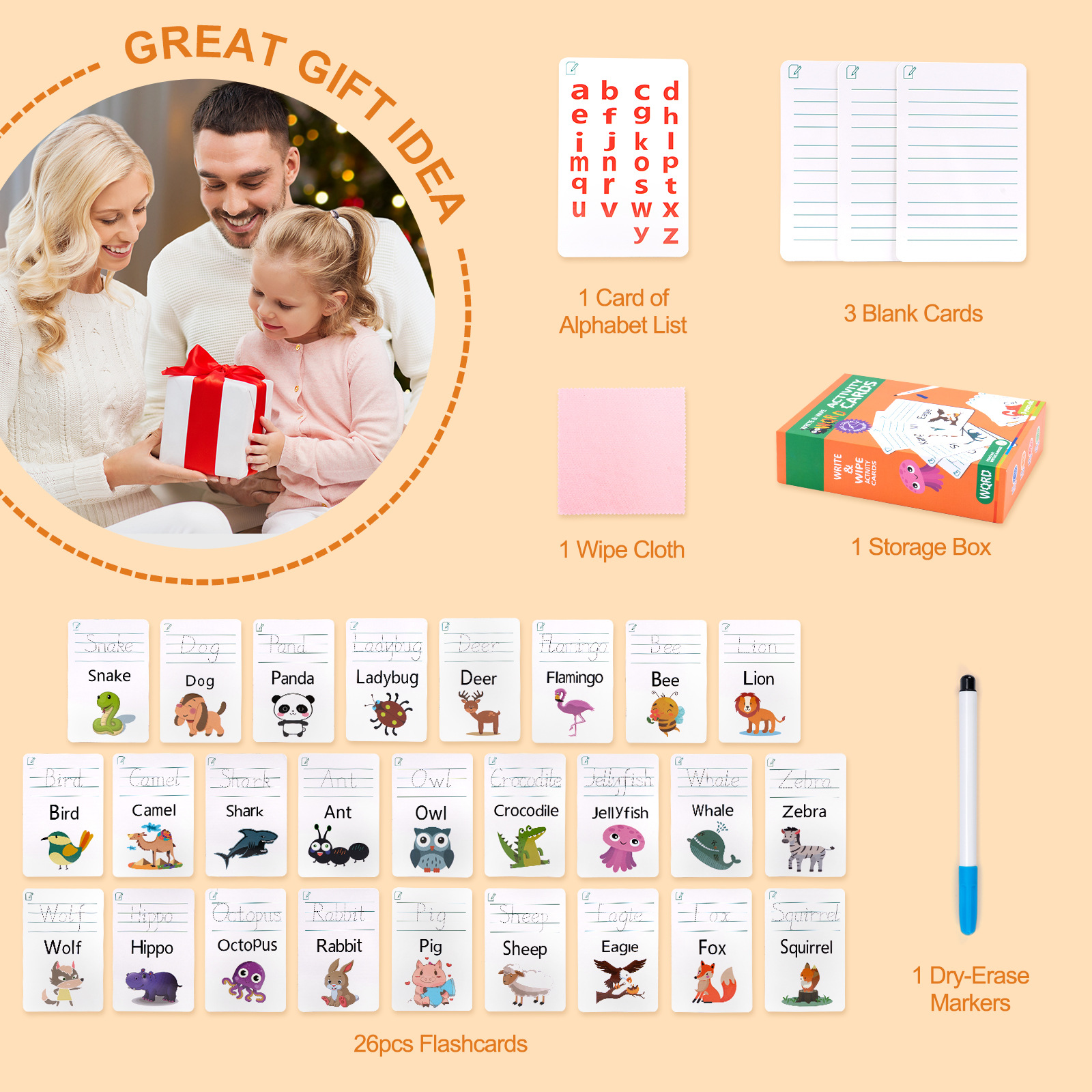 Early childhood education letter recognition flashcards, writing practice, dry erasing design, double-sided reusable educational toy