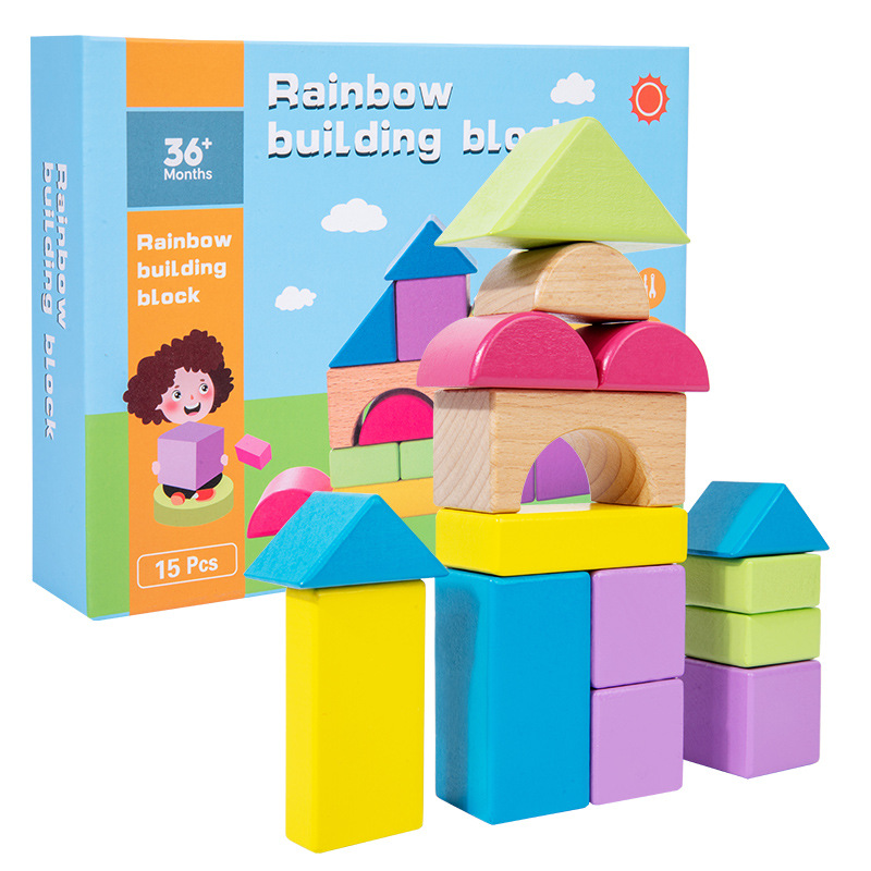15 Rainbow Building Blocks for Early Childhood Education - Wooden Toy for Babies (Colorful Building Blocks)