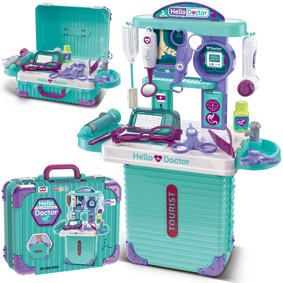 Children's pretend play toys: makeup sets, kitchenware, construction tools, doctor's medical kits, and travel suitcases.