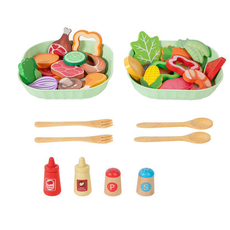 Wooden simulated vegetable salad play kitchen toy for children, educational mini chef cooking simulation toy
