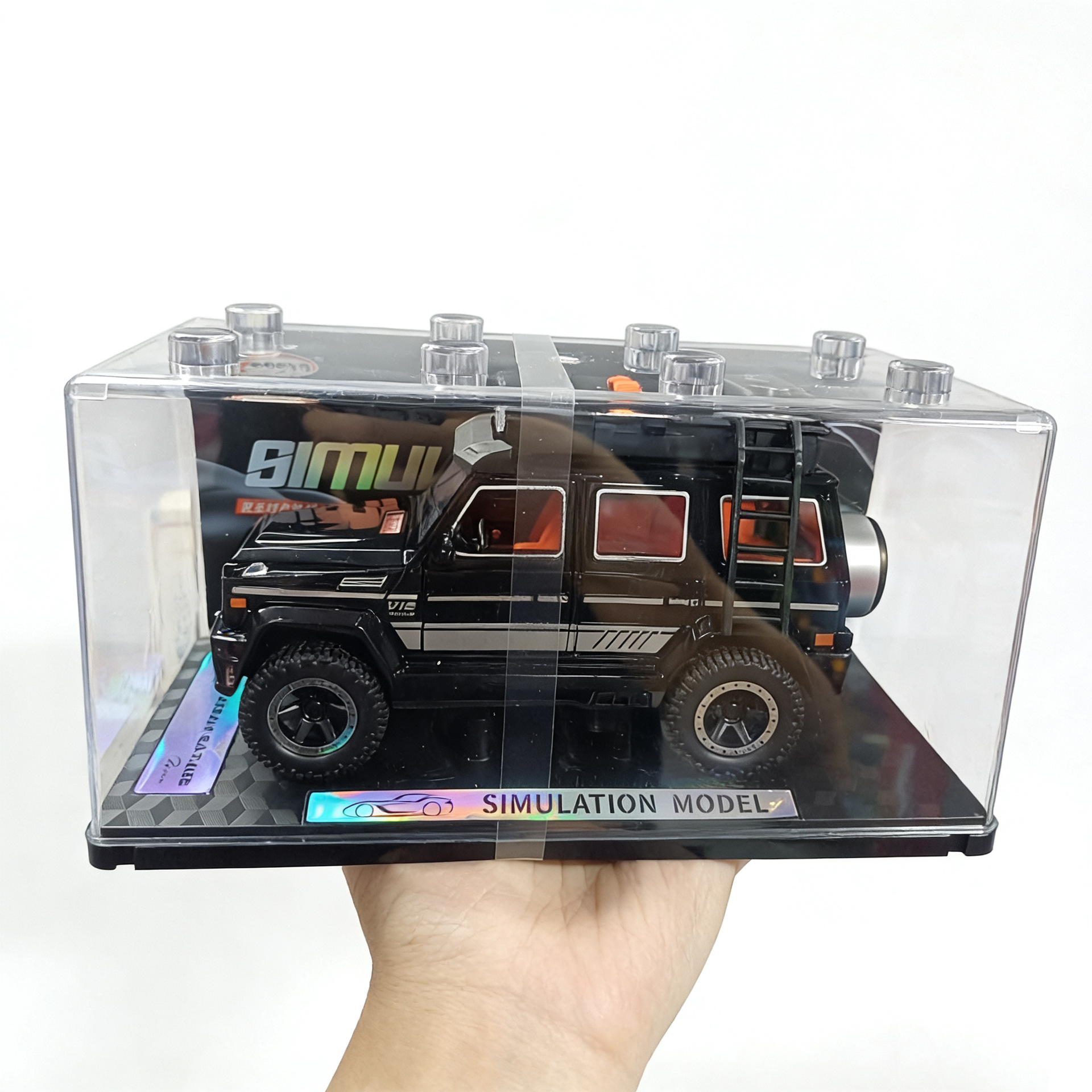 Children's toy car, boy's realistic inertial car model, can open doors, lights, music, acrylic transparent box