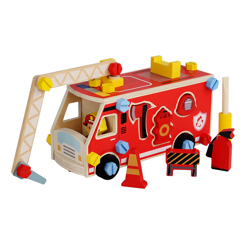 Children's wooden screw car and nut combination, ball-tapping assembly and disassembly tool cart, boy's assembly toolbox toy