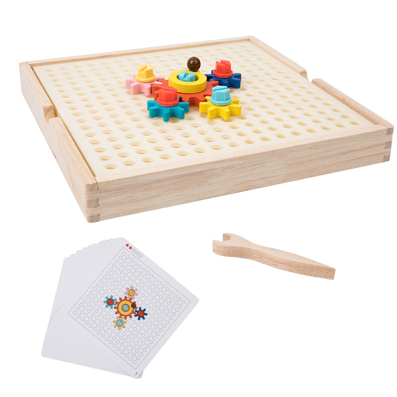Wooden mechanical gear-based interactive puzzle toy for kindergarten children's educational area, involving hands-on assembly and observation.