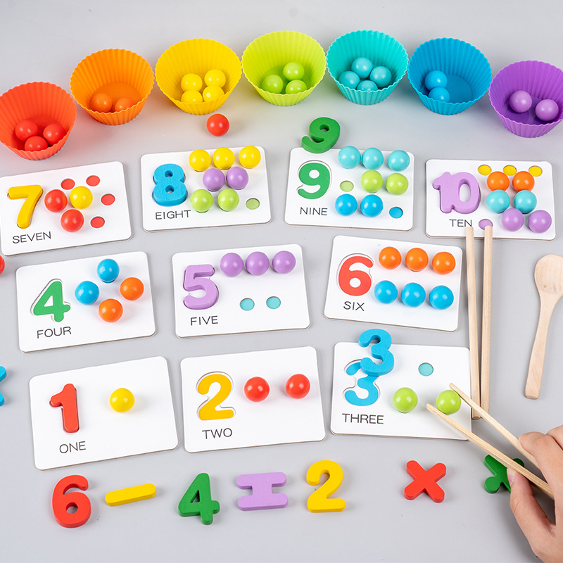 Montessori math puzzles, wooden number calculation games, bead matching games, number recognition matching puzzles.