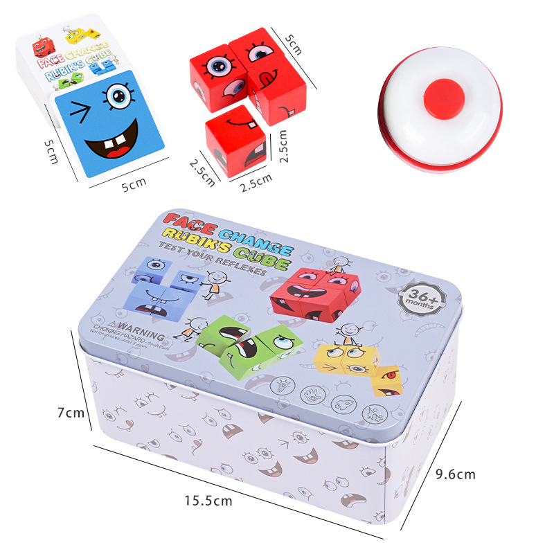 Expression-changing Rubik's Cube building block tin box children's battle toy, parent-child board game wooden challenge toy