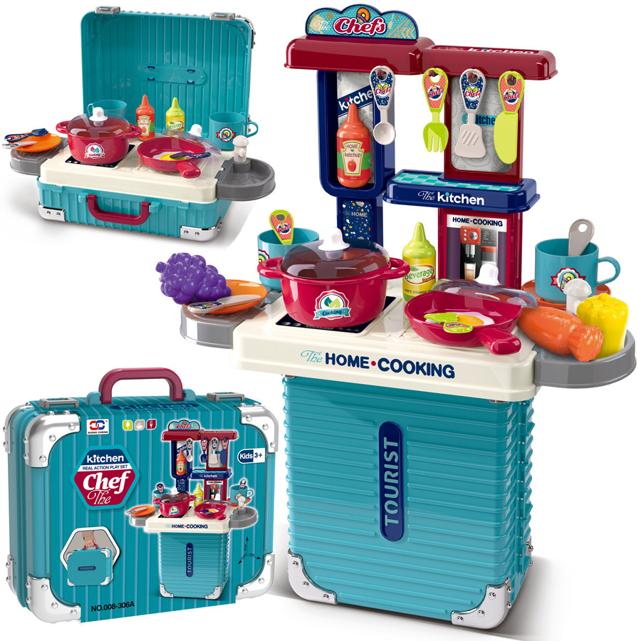 Children's pretend play toys: makeup sets, kitchenware, construction tools, doctor's medical kits, and travel suitcases.