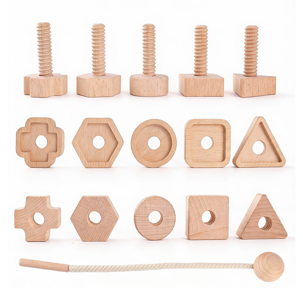 Children's wooden educational toy: Nut and rope threading game, shape matching, and fine motor skills training.