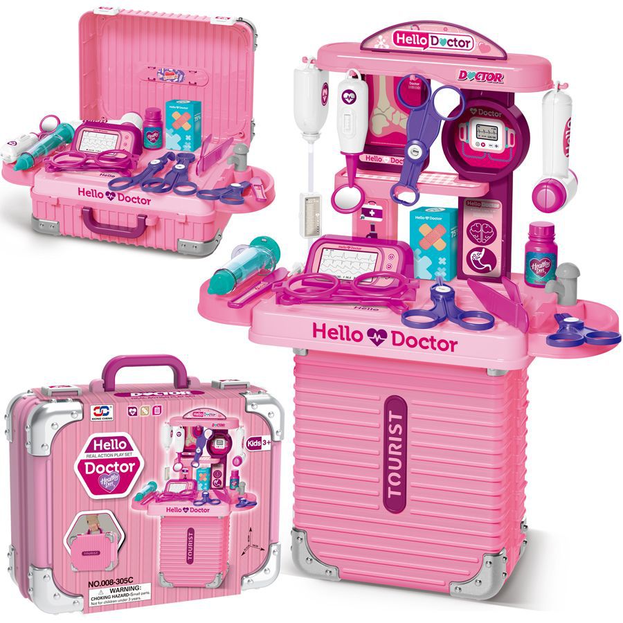 Children's pretend play toys: makeup sets, kitchenware, construction tools, doctor's medical kits, and travel suitcases.