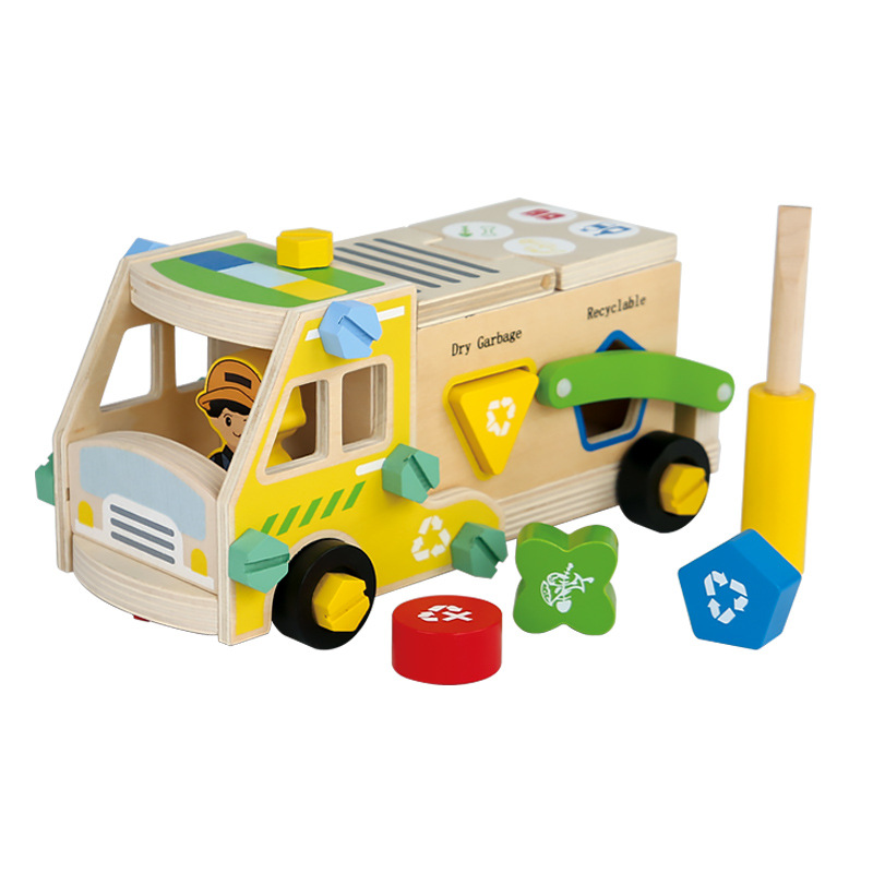 Children's wooden screw car and nut combination, ball-tapping assembly and disassembly tool cart, boy's assembly toolbox toy