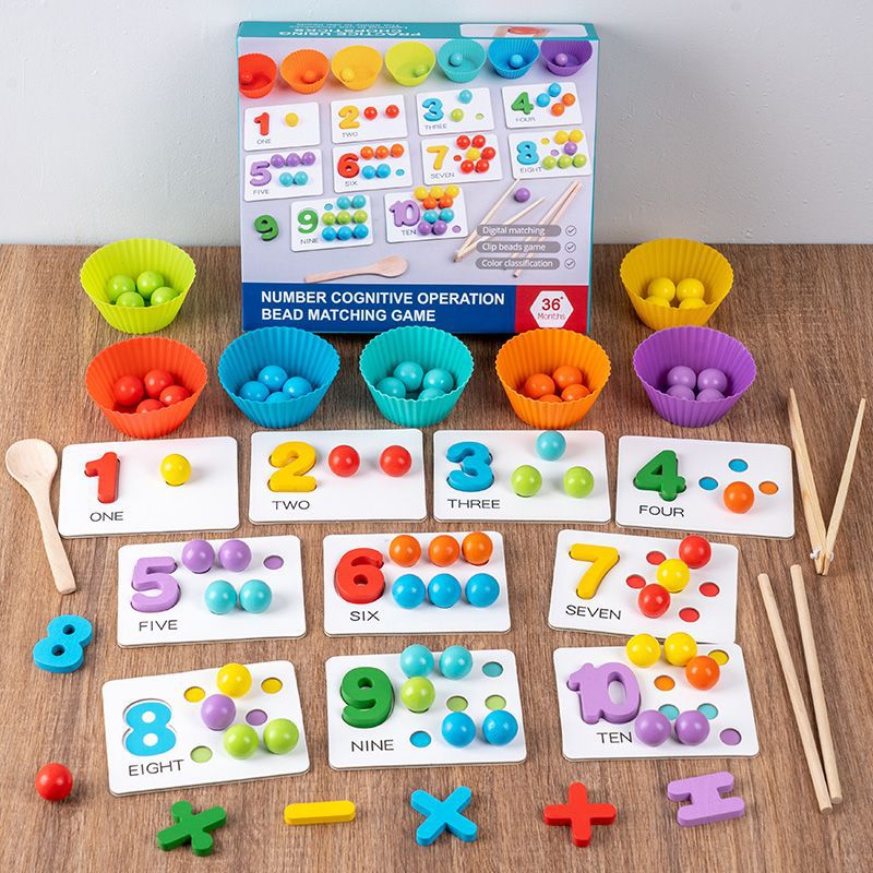 Montessori math puzzles, wooden number calculation games, bead matching games, number recognition matching puzzles.