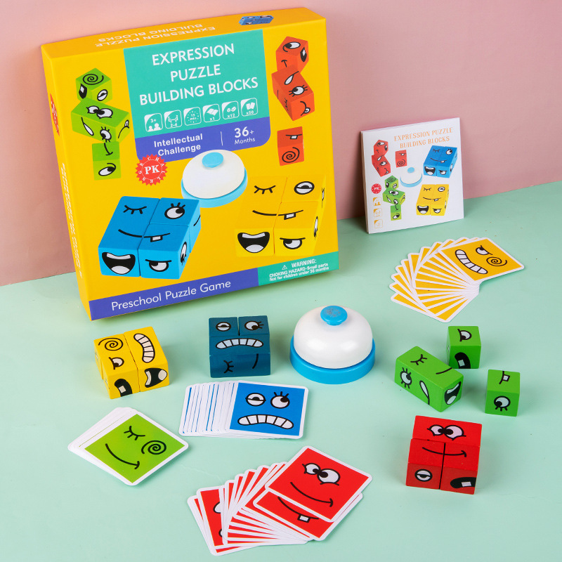 Expression-changing Rubik's Cube building block tin box children's battle toy, parent-child board game wooden challenge toy