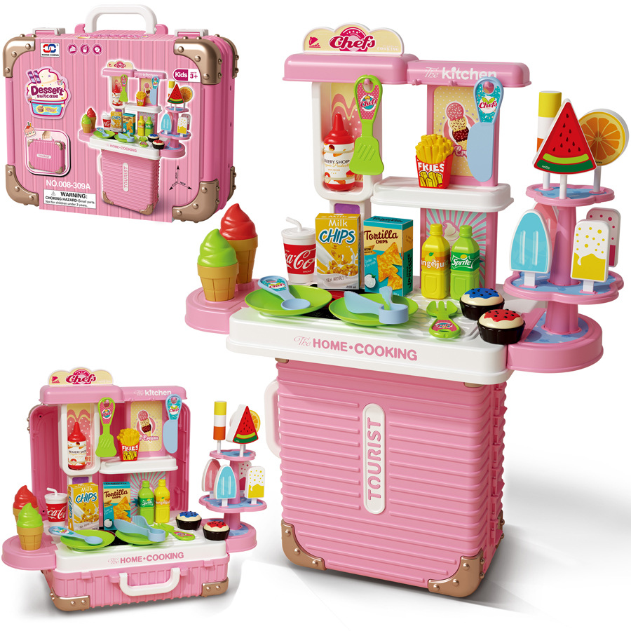 Children's pretend play toys: makeup sets, kitchenware, construction tools, doctor's medical kits, and travel suitcases.