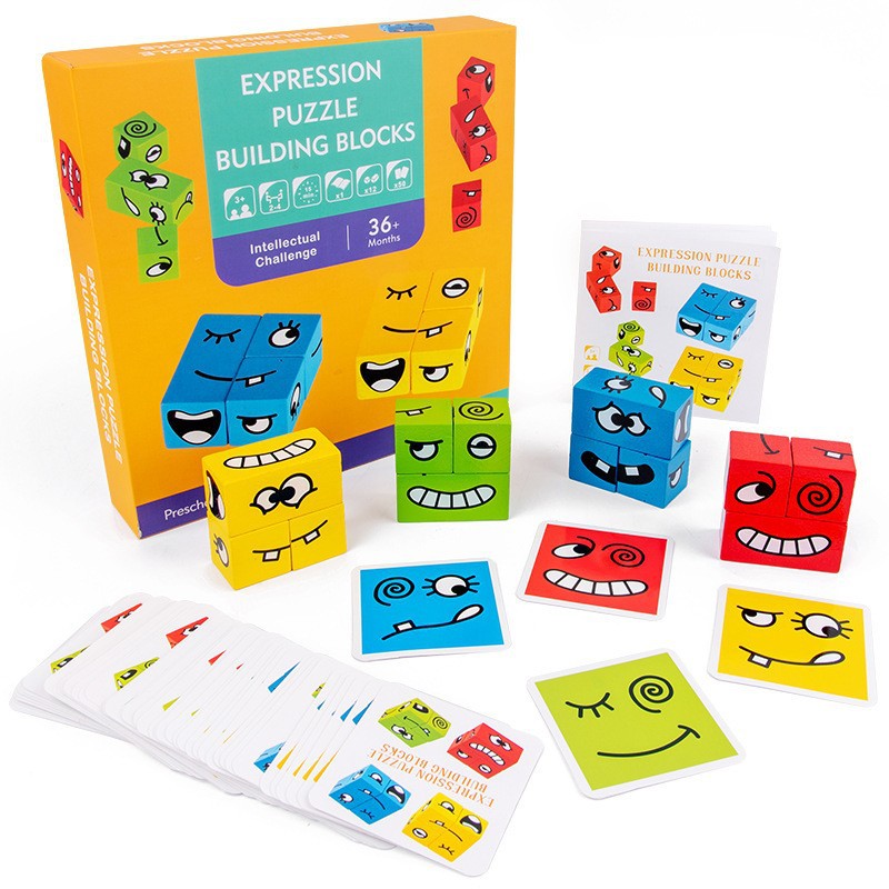 Expression-changing Rubik's Cube building block tin box children's battle toy, parent-child board game wooden challenge toy
