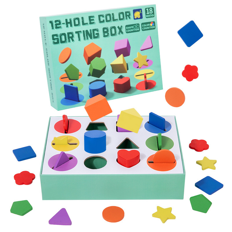 12-hole color and shape sorting box, Montessori early education sorting bin