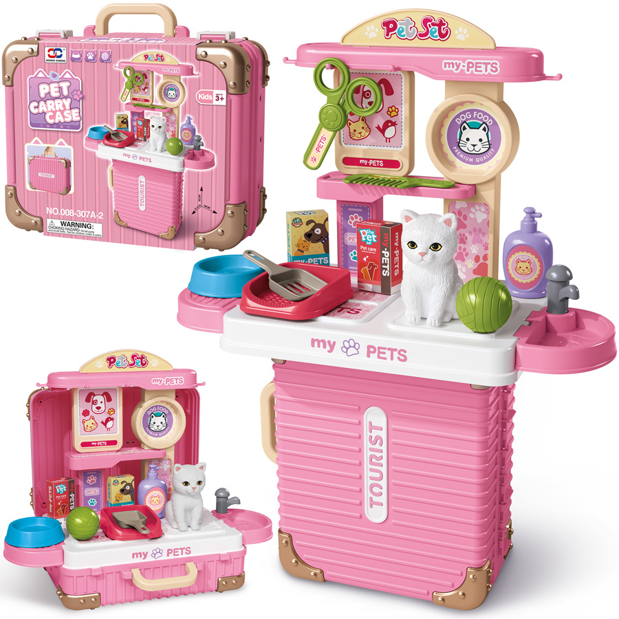 Children's pretend play toys: makeup sets, kitchenware, construction tools, doctor's medical kits, and travel suitcases.