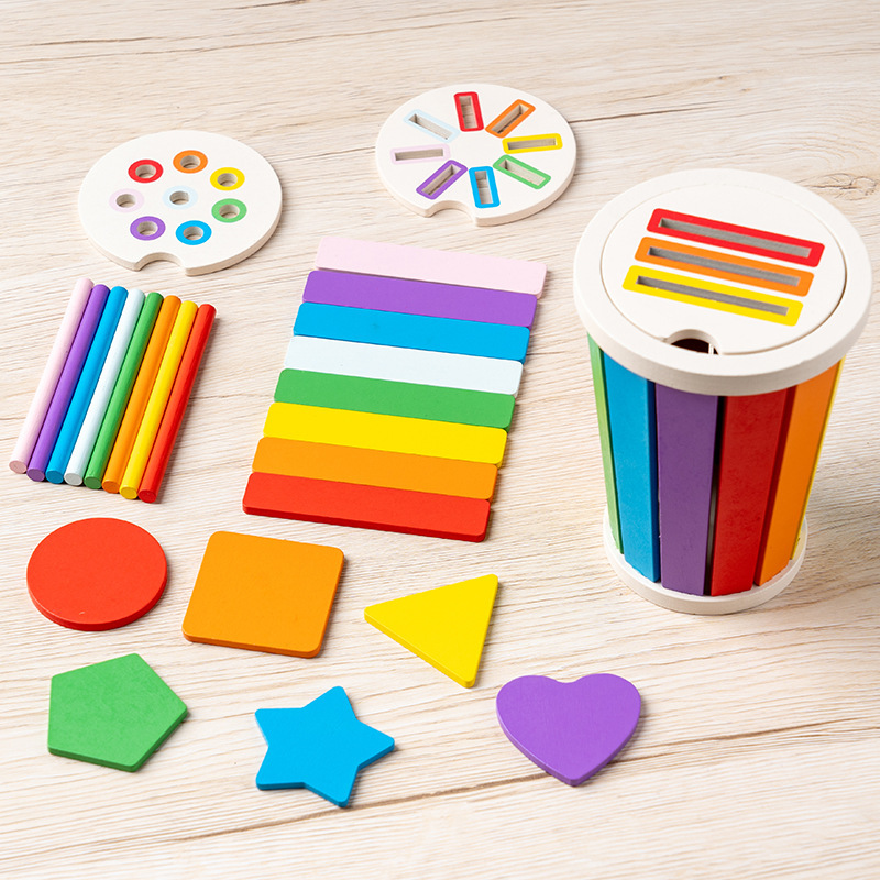 Three-in-one color-sorting wooden bucket (macaron colors) (multicolored)