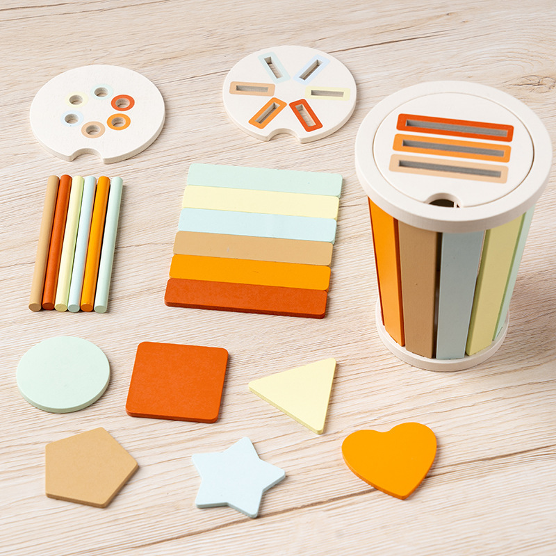 Three-in-one color-sorting wooden bucket (macaron colors) (multicolored)