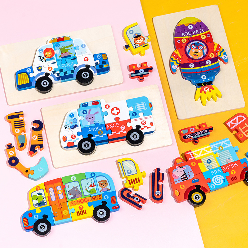 CE/CPC Cross-border Children's Wooden Cartoon Traffic 3D Jigsaw Puzzle for Early Childhood Education
