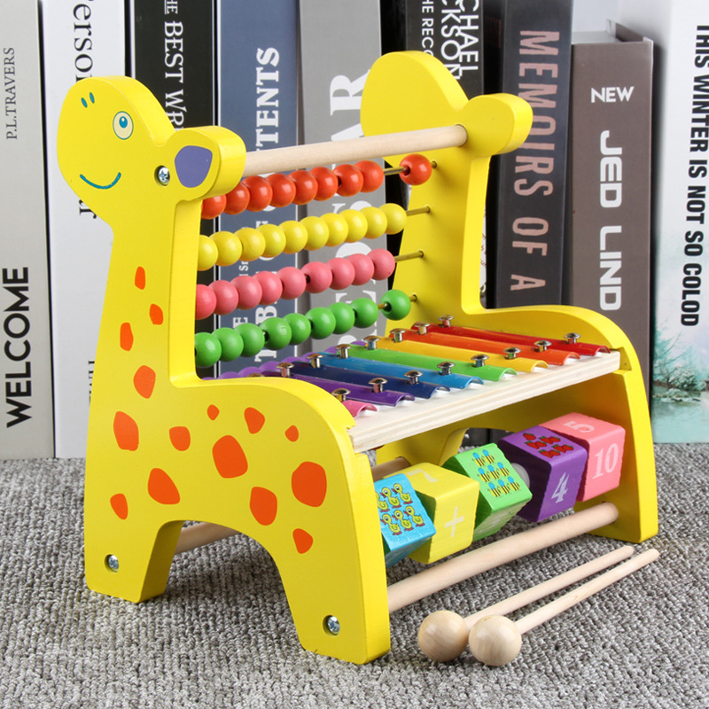 Wooden multifunctional deer knocking piano beaded beaded calculation rack flip rack three-in-one children's early education educational toy