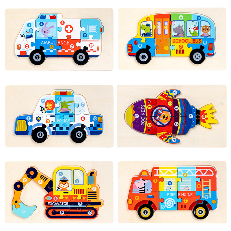 CE/CPC Cross-border Children's Wooden Cartoon Traffic 3D Jigsaw Puzzle for Early Childhood Education