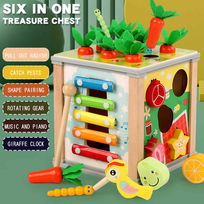 Children's educational toy with gears, insects, carrots, and cognitive learning elements – a six-in-one multi-functional treasure chest.