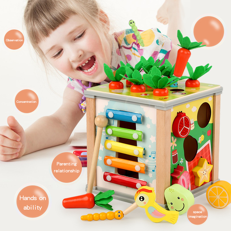 Children's educational toy with gears, insects, carrots, and cognitive learning elements – a six-in-one multi-functional treasure chest.