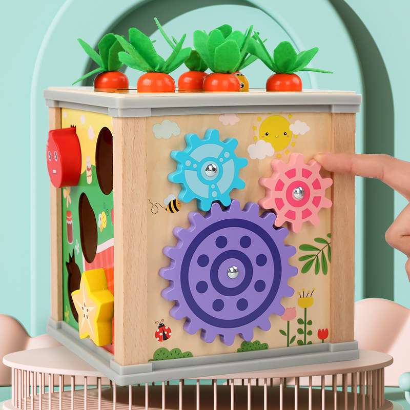 Children's educational toy with gears, insects, carrots, and cognitive learning elements – a six-in-one multi-functional treasure chest.