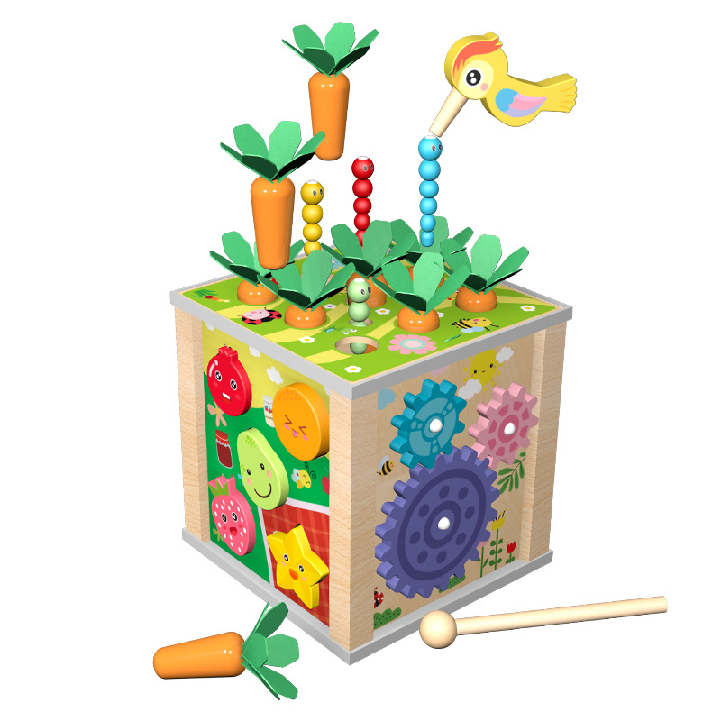 Children's educational toy with gears, insects, carrots, and cognitive learning elements – a six-in-one multi-functional treasure chest.