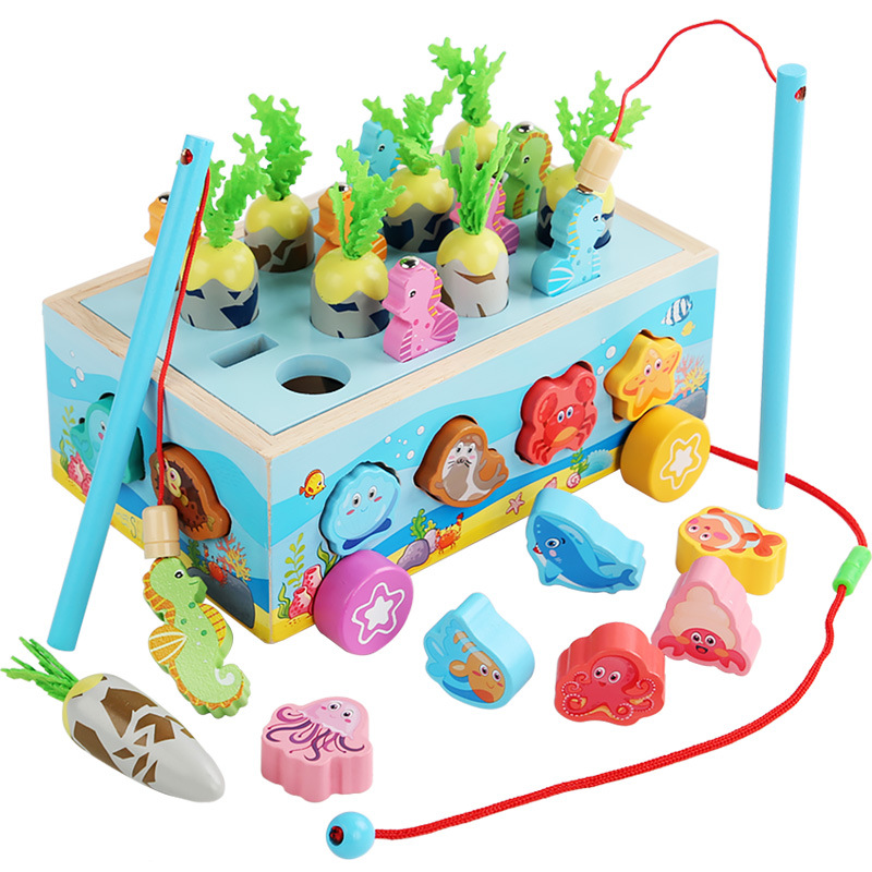 Early childhood education wholesale ocean trailer educational toys wooden toys trailer toys multifunctional fishing pull carrot toys