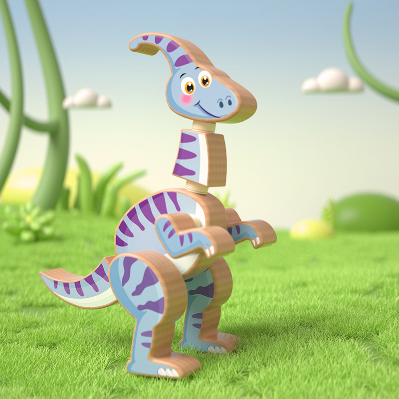 Wooden Toy Magnetic Dinosaur 3D Jigsaw Puzzle Baby Boys Girls Educational Cartoon Puzzle Hand-Eye Coordination