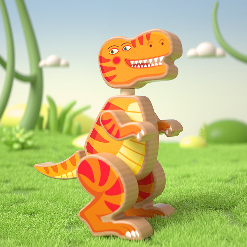 Wooden Toy Magnetic Dinosaur 3D Jigsaw Puzzle Baby Boys Girls Educational Cartoon Puzzle Hand-Eye Coordination