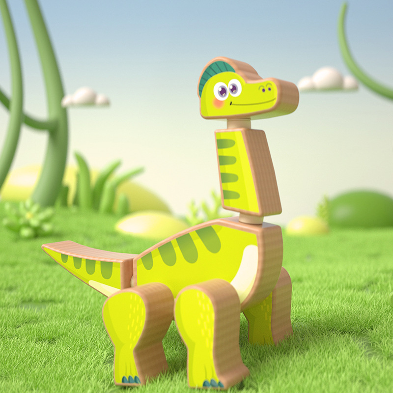 Wooden Toy Magnetic Dinosaur 3D Jigsaw Puzzle Baby Boys Girls Educational Cartoon Puzzle Hand-Eye Coordination