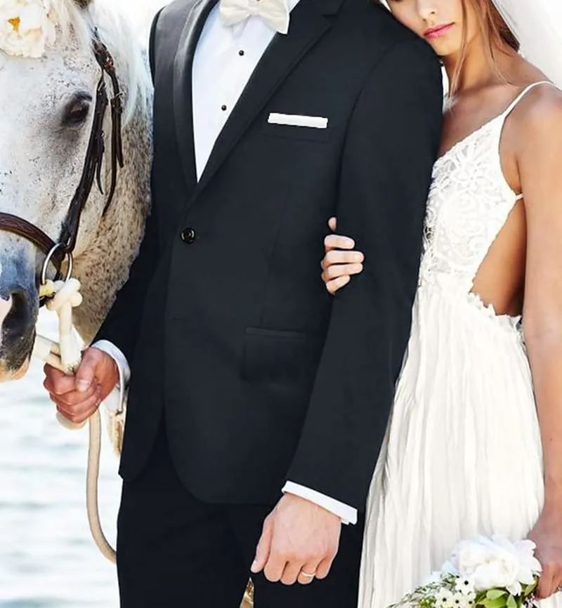 Black Men's Beach Wedding Suits 2 Piece Solid Colored Tailored Fit Single Breasted One-button 2023 9503654